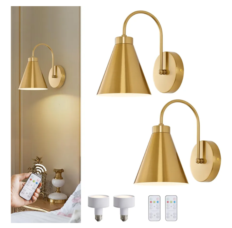 Vintage Cordless Gooseneck Battery Operated Wall Sconces Set of 2, Gold Bedside Battery Powered Wall Decor Lamps with Remote Control, Wireless Indoor LED Lights Fixture for Bedroom Hallway