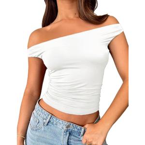 ForeFair Womens Off The Shoulder Tops Going Out Crop Top Slim Fitted Shirts Double Lined Summer Outfits Y2K Cute Tops (White, XS)