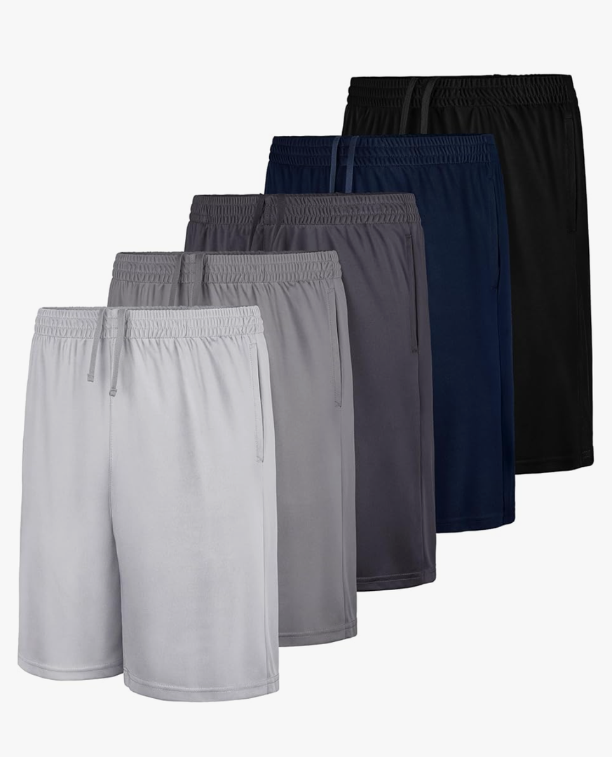 QWE 5-Pack Boys Athletic Shorts with Pockets, Dry-Fit Basketball Soccer Boys Shorts for Youth & Kids Outdoor, Color: Black x2, Dark Gray, Navy Blue, Pale Gray, Size:L