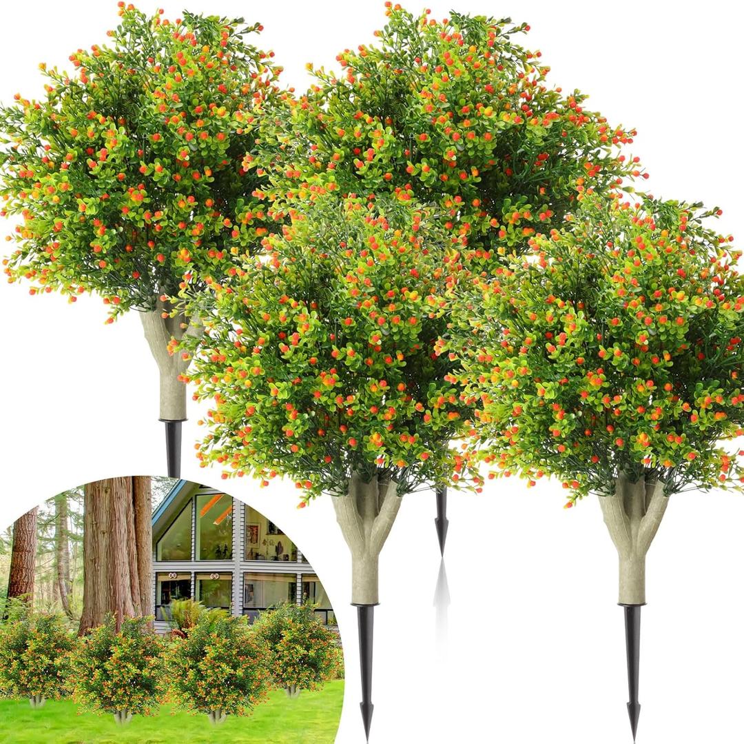 Giegxin 4 Pack 23.6'' Artificial Boxwood Topiary Ball Tree with Orange Fruit, Outdoor Faux Shrubs with Ground Spike No Maintenance Fake Bushes for Home Front Door Porch Fall Winter Garden Yard Decor