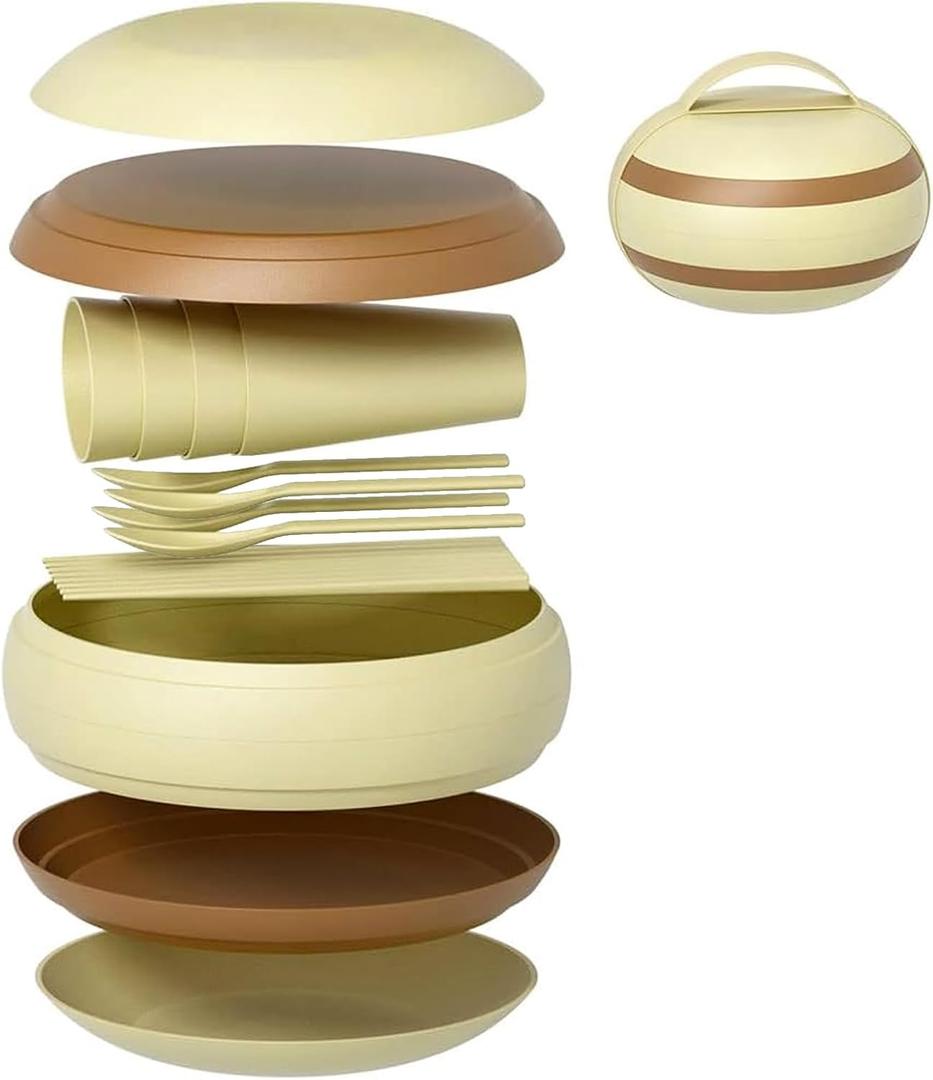 Camping Dishes Picnic Set, Camping Plates Cups and Bowls Set with Chopsticks and Spoons, BPA Free, 17PCS Portable Plastic Reusable Cutlery Set for 4, Portable Small Size, Not Microwave/Dishwasher Safe