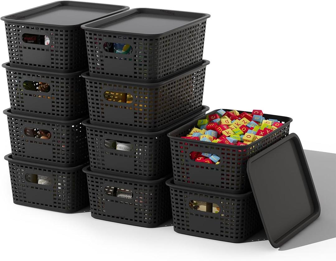 Plastic Storage Basket with Lids 10 Pack Stackable Black Storage Bins Containers with Lid, Decorative Storage Boxes for Organizing Shelves, Drawers, Playroom, Classroom, Office, Closet