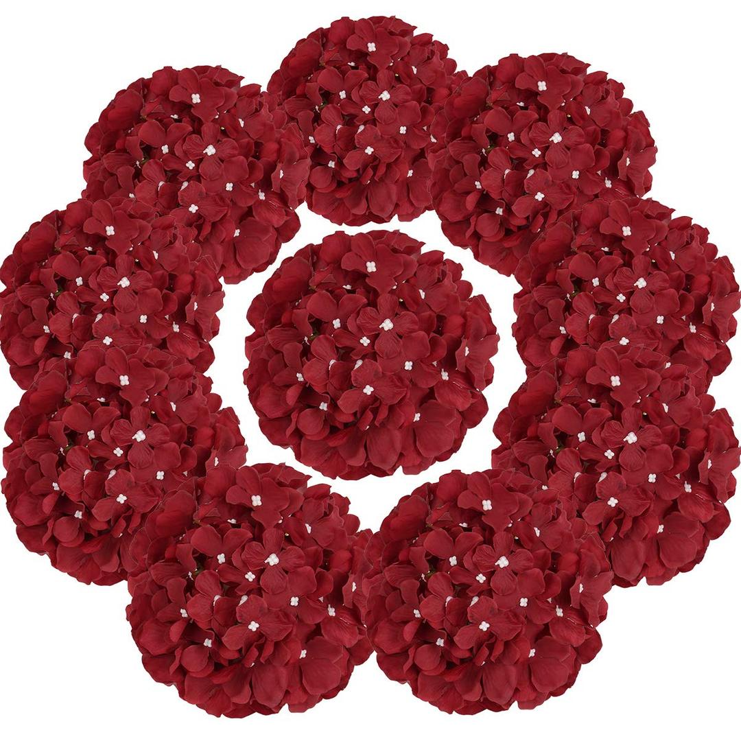 Flojery Silk Hydrangea Heads Artificial Flowers Heads with Stems for Home Wedding Decor,Pack of 10 (Burgundy)