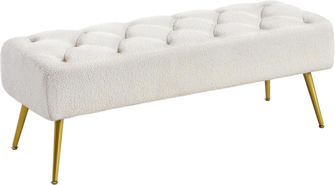 Yaheetech Modern Ottoman Bench Boucle Bench Upholstered Footrest for Living Room with Gold Metal Legs and Padded Seat Ivory (16"D x 45"W x 17"H)