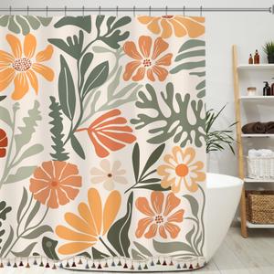 Boho Floral Shower Curtain with Tassels, Abstract Flower Tassel Shower Curtain for Bathroom 72x72 Inch Waterproof Fabric Set with 12 Hooks Bohemian Country Modern Bath Curtain Bathtub Decor