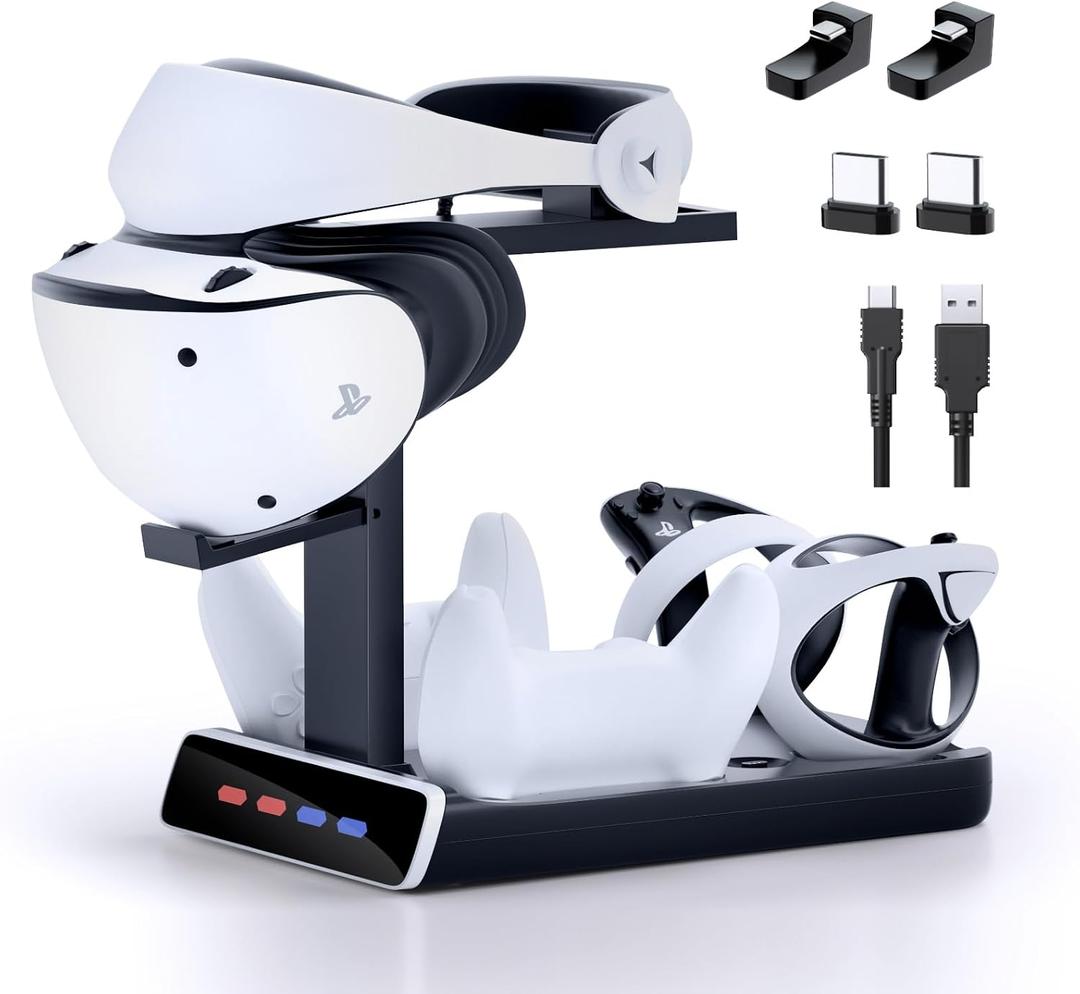3-in-1 Controller Charging Dock for PSVR2 and PS5, VR Stand Display with LED Light, PS5 VR2 Storage Base Gaming Accessories, 4 Magnetic Clasp & Type-C Cable