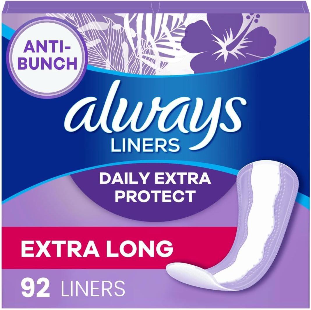 Always Anti-Bunch Xtra Protection, Panty Liners for Women, Light Absorbency, Extra Long Length, Leakguard + Rapiddry, Unsented, 92 Count