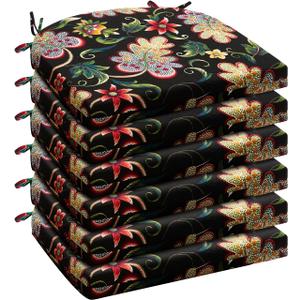 Wellsin Outdoor Chair Cushions for Patio Furniture - Patio Chair Cushions Set of 6 - Water Resistant Round Corner Outdoor Seat Cushions 17"X16"X2", Flower Black