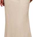 ELLEVEN Linen Flared Maxi Skirt with Back Slit - Elastic Waist Drawstring Long Flowy Ankle-Length Skirt (Small, Beige)