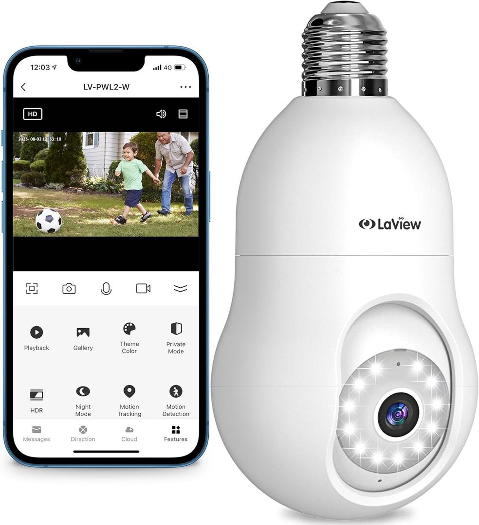 LaView 4MP Bulb Security Camera 2.4GHz,360 2K Security Cameras Wireless Outdoor Indoor Full Color Day and Night, Motion Detection, Audible Alarm, Easy Installation, Compatible with Alexa (White)