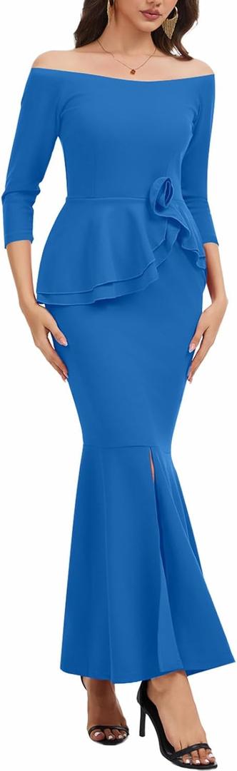 Evening Gowns for Women Formal Off Shoulder Wedding Guest Party Dress Elegant Short Sleeve Split Long Cocktail Dresses (Small, 539 Lake Blue)