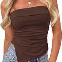 PRETTYGARDEN Going Out Tube Tops for Women Trendy Summer 2026 Asymmetrical Ruched Strapless Bandeau Shirts Spring Clothes (Large, Brown)