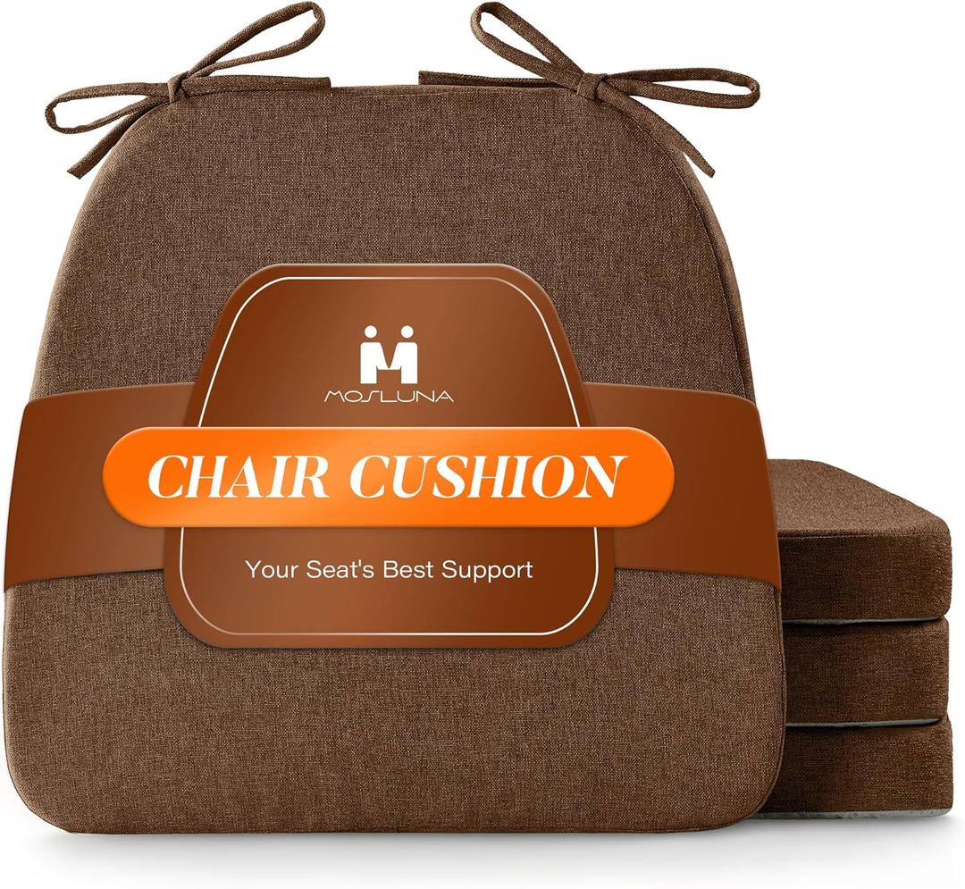 Mosluna Chair Cushions for Dining Chairs Set of 4, 2" Thick Chair Pads with Non-Slip Bottom, D-Shaped Kitchen Seat Cushions with Removable Cover, 16 x 17 inch, Brown