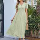 Simplee Women's Boho Floral Maxi Dress Flowy Casual V Neck Short Sleeve Wedding Guest Holiday Beach Long Dress (Green, L)