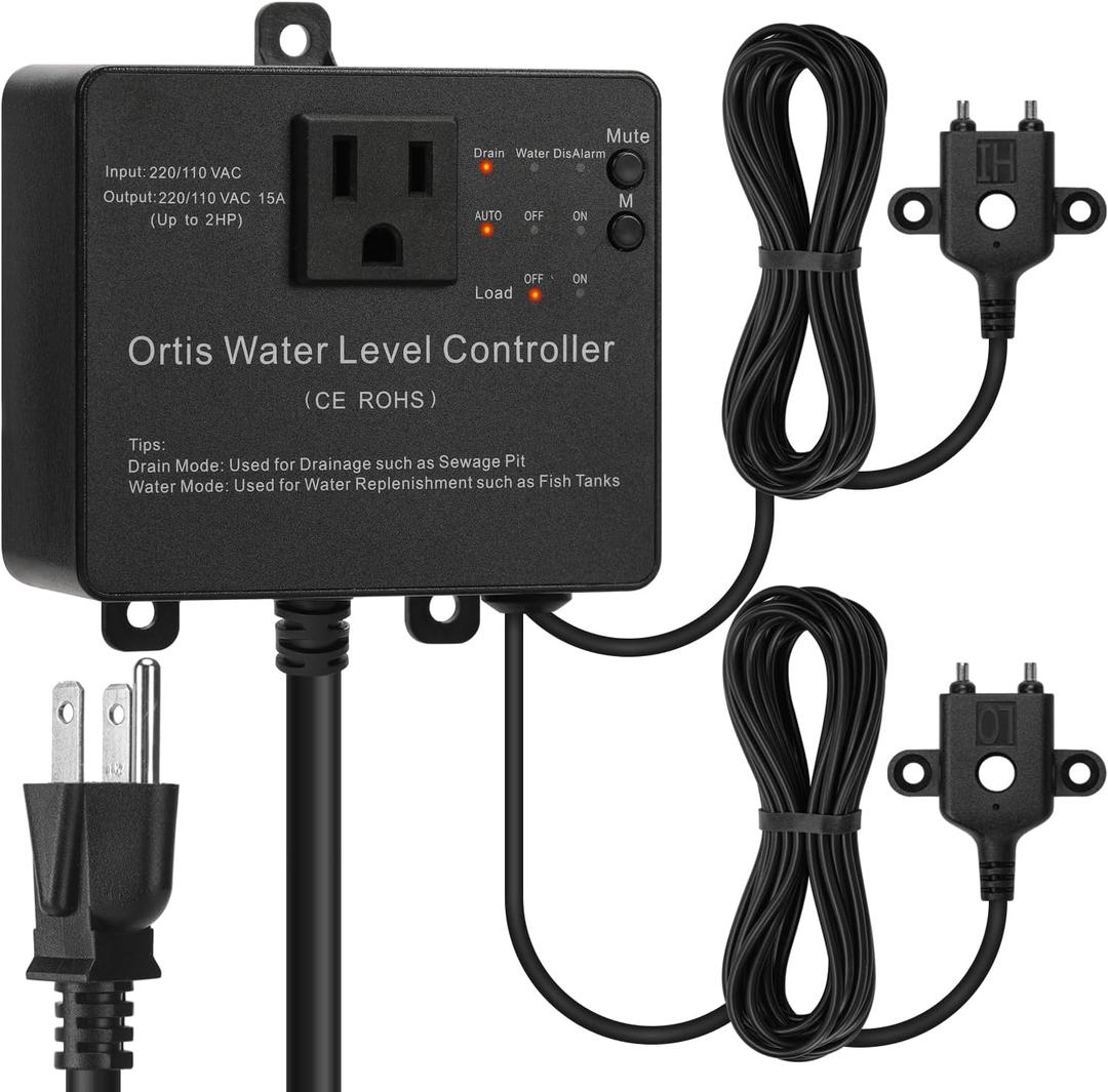 Hi-Lo Sump Pump Switch, Ortis Electronic Adjustable Float Switch Controller with Dual Sensors, Strong Corrosion Resistance, Ideal for Sewage pits, Fish Tank, Water Tank, 220/110 VAC, Black