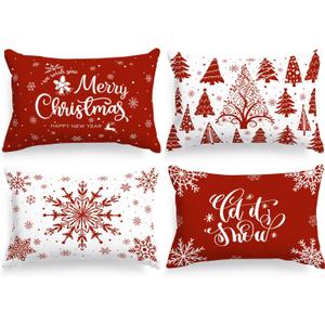 Lanpn Christmas Lumbar Throw Pillow Covers 14x20 Set of 4, Merry Christmas Winter Xmas Snowflake Decorative Holiday Cushion Pillow Cases 14 x 20 for Indoor Farmhouse Home Room Couch Decor (Red)