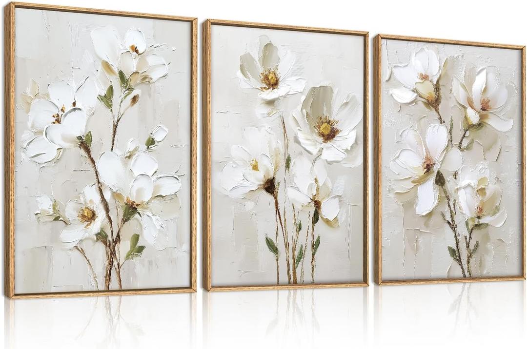 FWIEXA 3D Beige White Floral Canvas Wall Art,Neutral Flower Framed Wall Art Texture,Modern Abstract Botanical Paintings,16x24In Watercolor Minimalist Wildflower Artwork Magnolia Painting for Living Room,Bedroom,Office