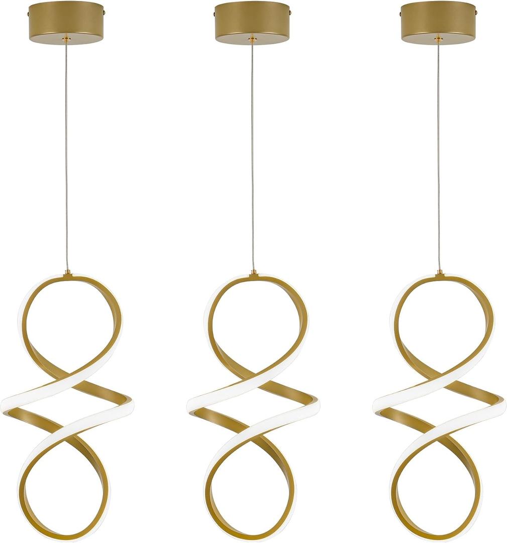 MAYNA Spiral Kitchen Island Pendant Lights, Led Chandelier 3 Pack (Gold)