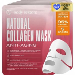 Body Restore Natural Collagen Face Mask  Fathers Day Gift for Dad, Hydrating Skin Care, Birthday Gifts for Women and Men, Self Care Spa Gifts  Anti-Aging 5 Pack