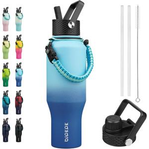 BJPKPK Insulated Water Bottles with Straw Lid, 35oz Metal Water Bottle with 2 lids & Paracord Strap, Double Wall Stainless Steel Tumbler with Handle, Reusable Cups, Mugs, Thermo, Mint