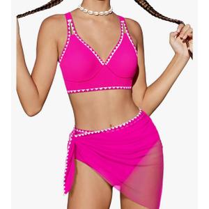 Girls Swimsuit V-Neck Shell Stitched Solid Color High Waisted 3 Piece Bathing Suit Bikini with Cover Up 13-14 Y