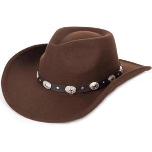 Womens Western Cowboy Hats Studded Pinched Western Cowgirl Hats Wide Brim Fedoras Hat with Belt Buckle (Size:Medium) (Coffee - Round Rivets)