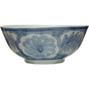 Hand Painted Stoneware Bowl with Floral Design, Blue and White