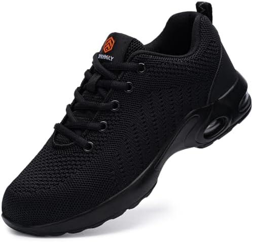 DYKHMILY Wide Steel Toe Sneakers for Women Lightweight Work Shoes Slip Resistant Safety Shoes Indestructible Construction Shoe(6.5 Wide, Black)