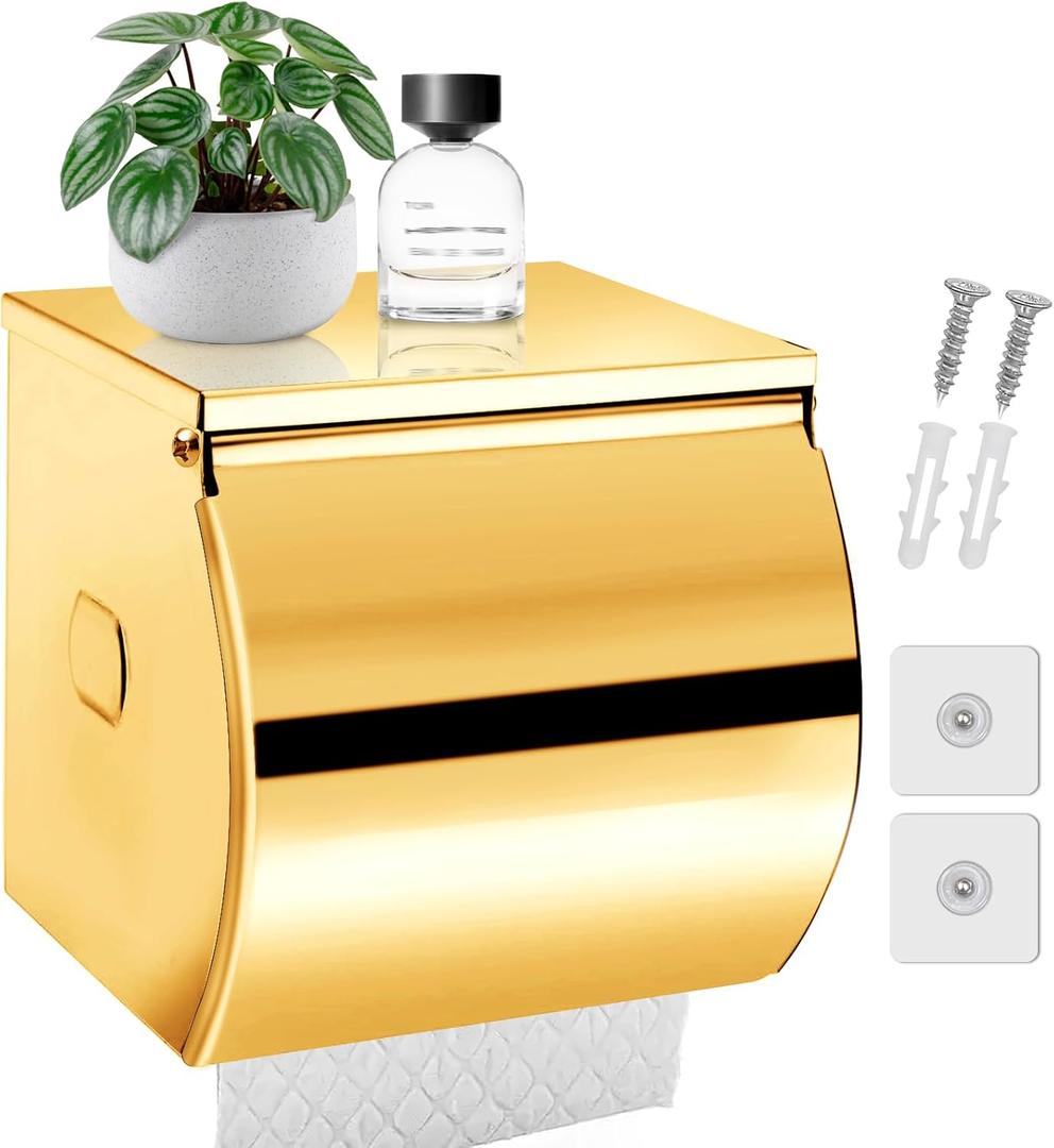 Toilet Paper Holder Wall Mount, Self Adhesive Toilet Paper Holder with Shelf, Waterproof Stainless Steel Bathroom Toilet Tissue Roll Holder Cat Dog Proof, Gold