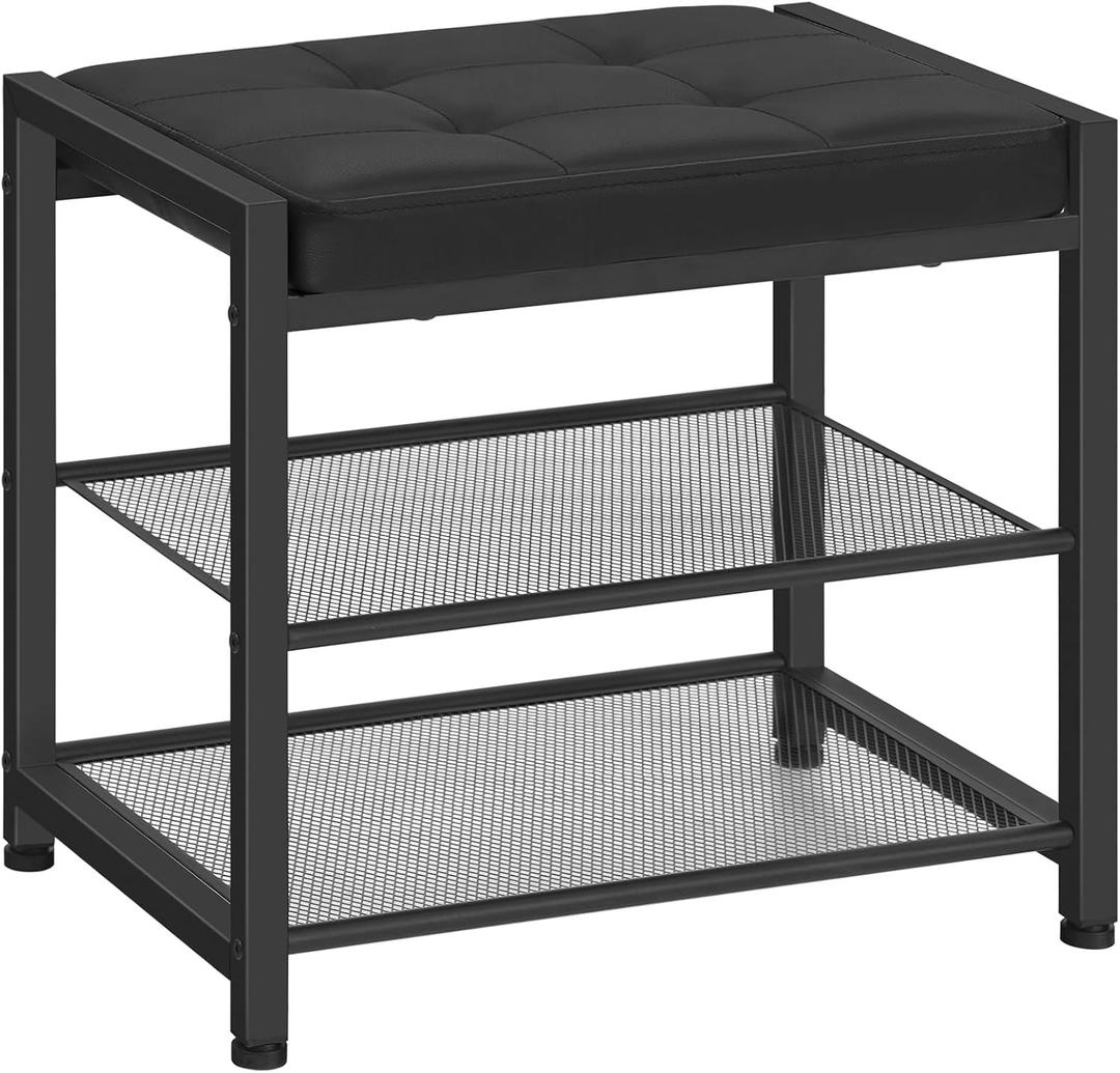 HOOBRO Small Shoe Bench, 3-Tier Shoe Rack, Shoe Storage Bench with PU Seat Cushion, Entryway Shoe Rack Bench with Metal Mesh Shelves, Freestanding Shoe Organizer for Hallway, Black BB33HX01