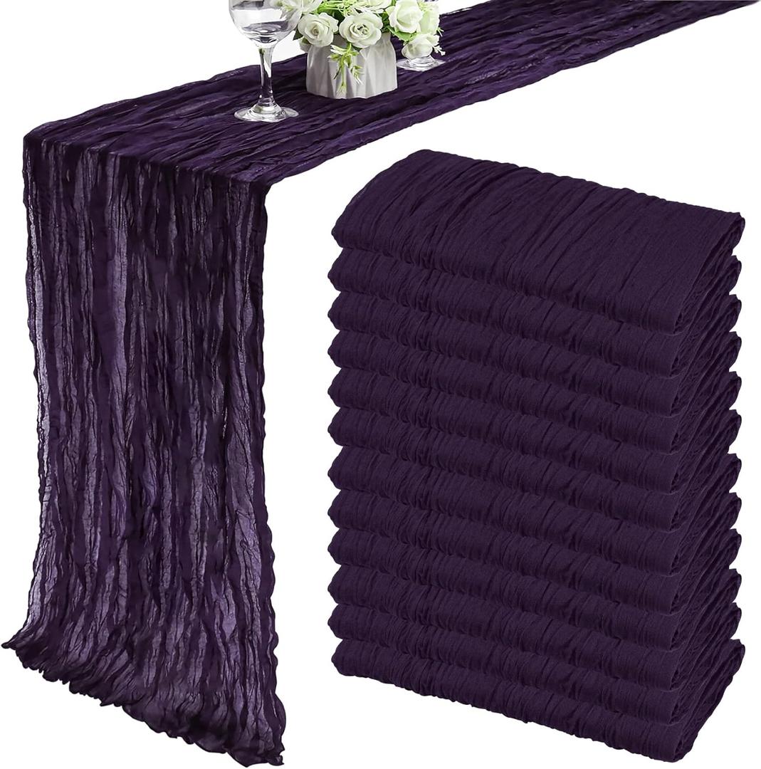 12 Pack 10Ft Boho Cheesecloth Table Runner - 35x120 Inch Dark Purple Gauze Long Romantic Table Decor for Wedding, Bridal Shower, Birthday Party