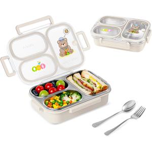 Stainless Steel Bento Lunch Box for Kids, 26.4 oz Leak-Proof 3-Compartment Metal Bento Box, BPA-Free, Cute Cartoon Meal Prep Snack Container with Utensils for School, Office, Travel - Beige