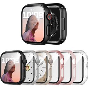 6 Pack Case with Tempered Glass Screen Protector for Apple Watch Series 9/8/7 41mm, Ultra-Thin Scratch Resistant Full Protective Hard PC Bumper Cover for iWatch 41mm Accessories (Black/Clear/Starlight/Silver/Rosegold/Pink)
