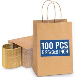 SNH Packing 100 Pcs 5.25x3x8 Inch Kraft Paper Gift Bags with Handles Brown Grocery Bag Small Size Ideal bags for small business, Party Favor, Bulk Retail & Shopping
