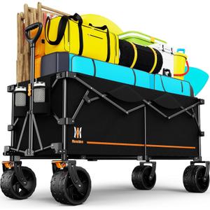 Navatiee 48" L Collapsible Extended Wagon, 440Lbs Heavy Duty Wagons Carts Foldable, 300L Extra Large Beach Wagon with Big All-Terrain Wheels for Sand, Folding Utility Garden Cart for Outdoor, Black