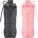 Silicone Collapsible Water Bottles,Lightweight Reusable Leakproof For Traveling Camping Hiking Cycling Sports Outdoor,Foldable Portable Travel Water Bottle 600ML Dark Grey And Pink 2Pack.