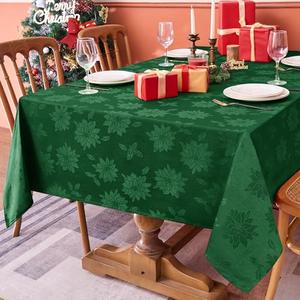 Biscaynebay Christmas Hunter Green Tablecloth Rectangle Tables 60x102 Inch-Fabric Xmas Holiday Winter Table Cloth-Jacquard Damask Poinsettia Modern Table Cover for 6 ft Kitchen Dinner Banquet Parties
