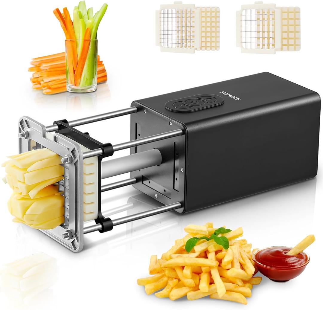 FOHERE Electric French Fry Cutter for Potato,Dicer chopper Removable legs Commercial French Fries Cutter Stainless Steel with 1/2&3/8 Inch Blade,Vegetable Chopper Electric for Carrot Cucumber (Black)