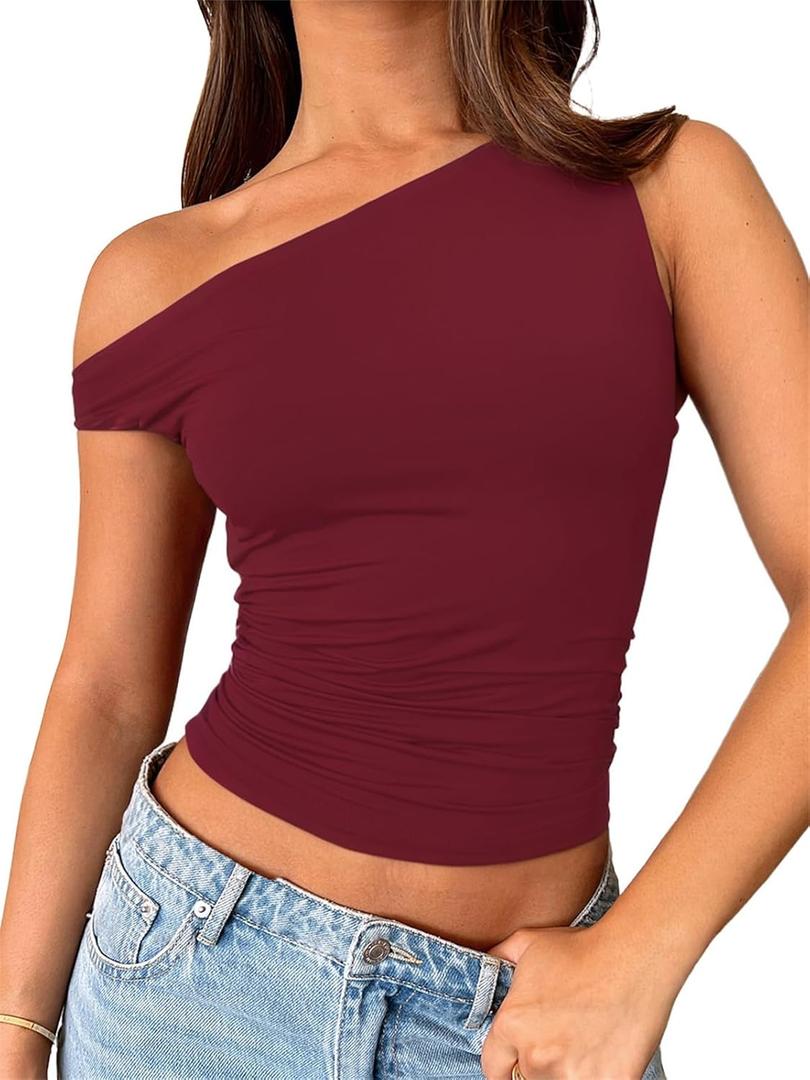 ForeFair Womens Off Shoulder Tops Sleeveless Going Out Crop Tank Tops Slim Fitted Shirts Summer Outfits Y2K Cute Tops (X-Small, Burgundy)