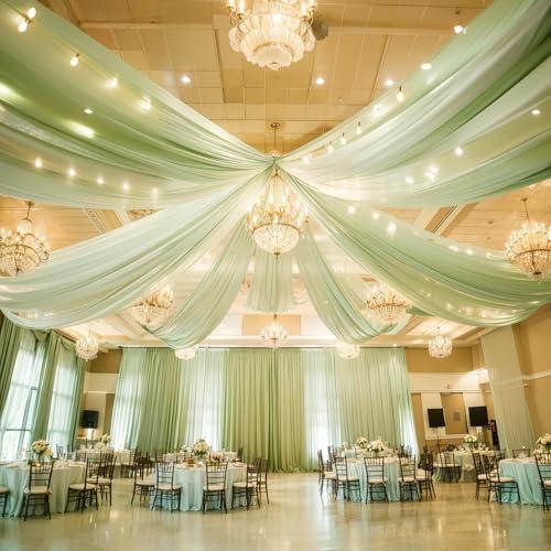 5 Panels Green Ceiling Drapes with Lights for Wedding 5ftx20ft Photo Backgrounds Sheer Curtains Drapery Decorations for Party Ceremony Stage Swag Sage Green