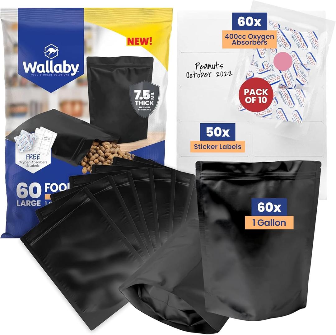 Wallaby 60 Count 1-Gallon Gusset Mylar Bags with 400cc Oxygen Absorbers, 15 Mil Total Thicker Long-Term Food Storage Pouches, 10x14 Stand-Up Resealable Heat-Sealable Airtight Packaging - Matte Black