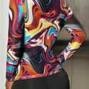 Women's Marble Print Long Sleeve Tee Shirt Mock Neck Slim Fitted Party Club Mesh Tops (M)