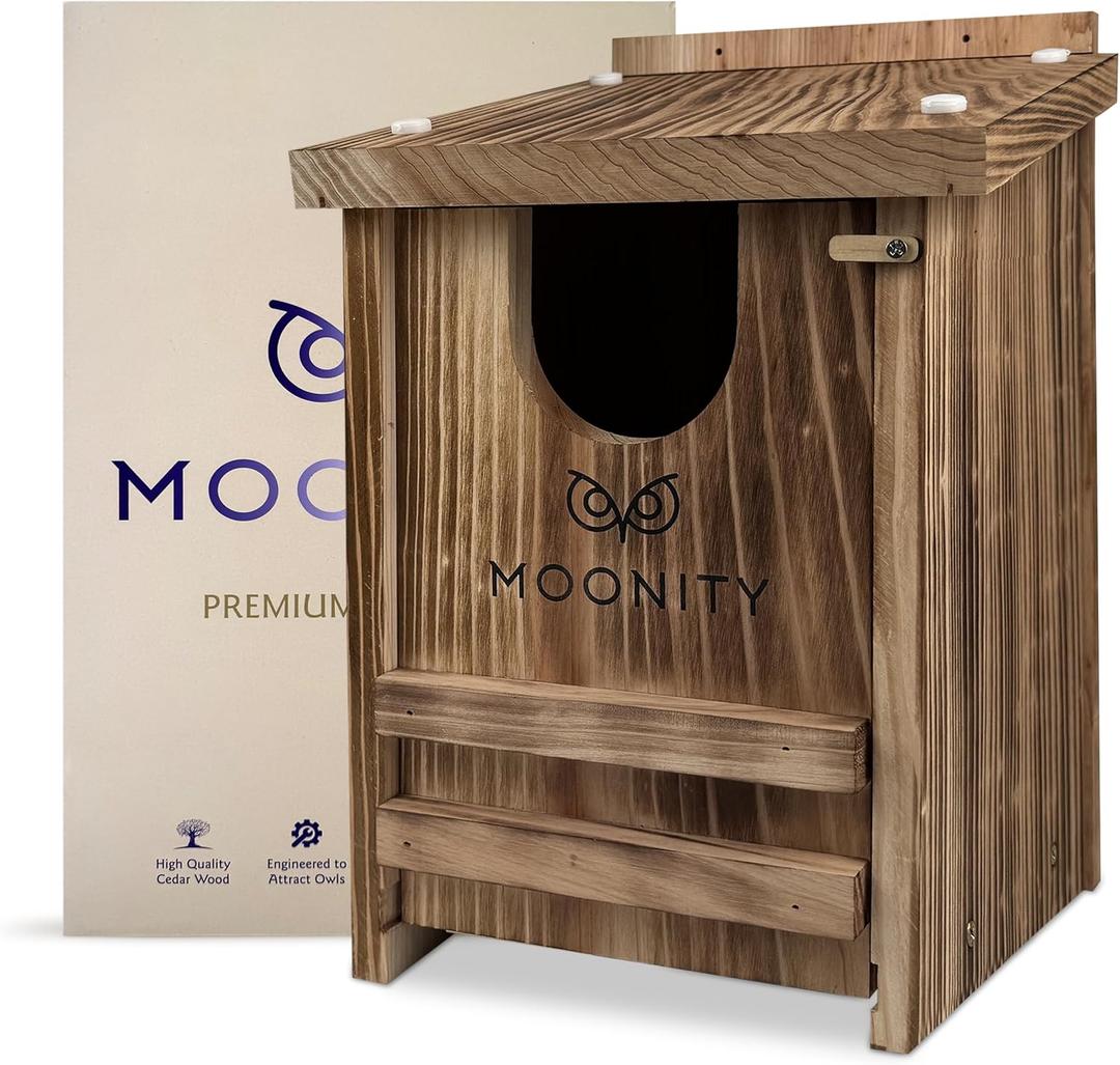 MOONITY Fire-Treated Cedar Owl House  14" x 9" x 9" All-Season Nesting Box for Screech, Kestrel & More  Durable, Weatherproof & Easy to Install (Brown)