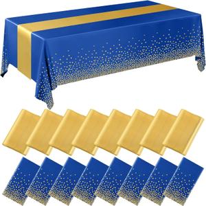Tudomro 16 Pcs Gold and Dark Blue Disposable Plastic Tablecloths and Satin Table Runner Set 54x108 Inch Tablecloth 12x108 Inch Table Runners for New Year Wedding Birthday Baby Shower Graduation
