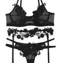 Lilosy Sexy Cute Applique Embroidered Underwire Push Up Garter Belt Chocker Lingerie Set M, Black