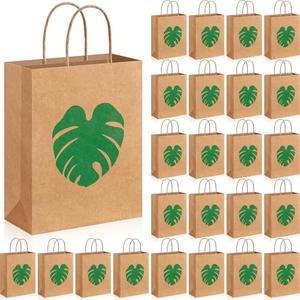 Kolldenn 24 Pcs Kraft Hawaiian Tropical Gift Bags Palm Leaves Luau Party Favor Goodie Treat Bags with Handle for Summer Hawaii Aloha Festival Party Supplies