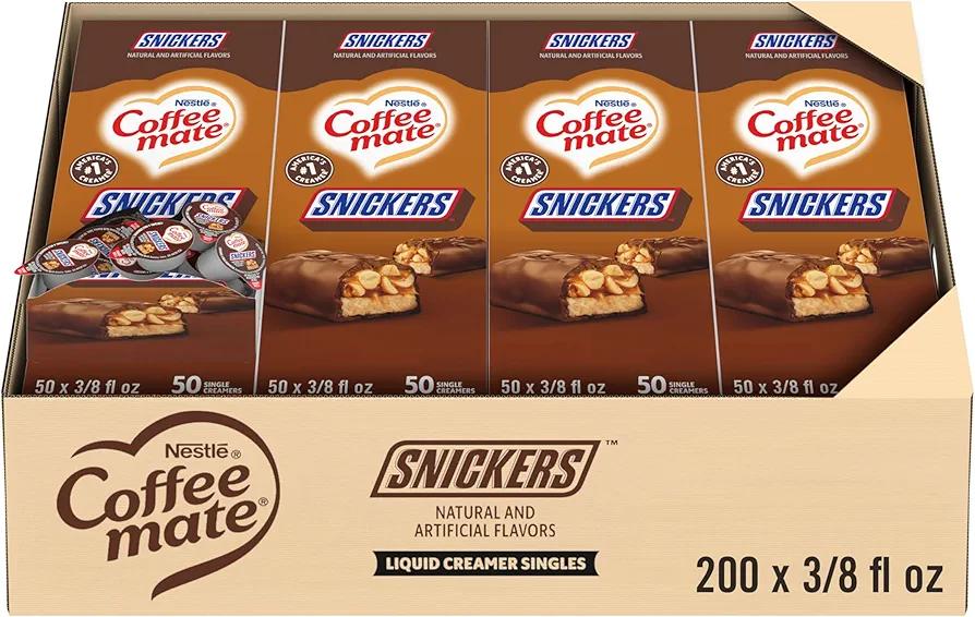 Nestle Coffee mate Coffee Creamer, Snickers, Liquid Creamer Singles, Non Dairy, No Refrigeration, 0.375 fl oz Tubs (Pack of 200), Best By June 2026