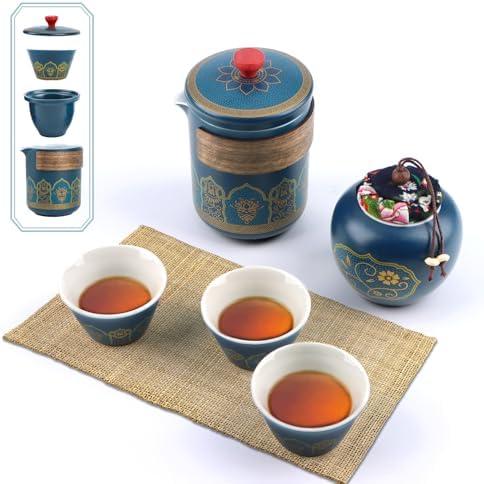 Ceramic Kungfu Tea Sets, Portable Chinese Travel Tea Set with Tea Pot, Tea Canister, 3 Cups & Travel Bag Suitable for Travel Home Outdoor Office (Blue)