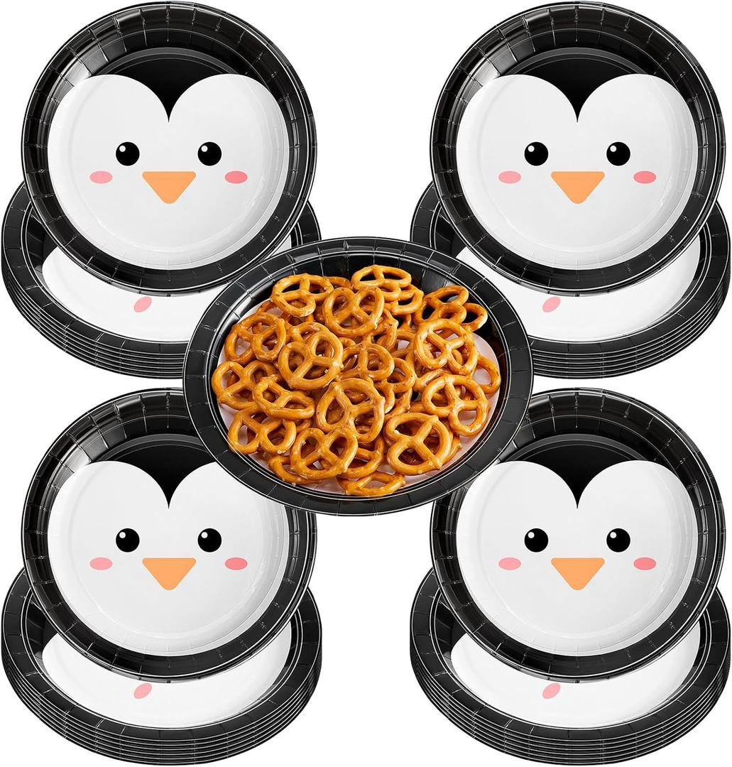 Yungyan 48 Pcs 7 Inch Winter Party Decorations Penguin Paper Plates Penguin Party Supplies Disposable Round Plates for Christmas Birthday Holiday Dinner Dessert Baby Shower
