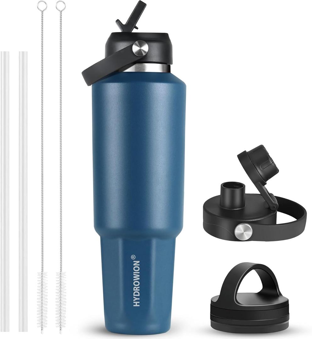 HYDROWION 40 oz Insulated Water Bottle, Car Water Bottle Holder - Double Wall Vacuum Insulated Travel Bottle with Straw Lid, Spout Lid and Flex Cap - Cold for 24H, Hot for 12H, Cobalt (BJ-CT)